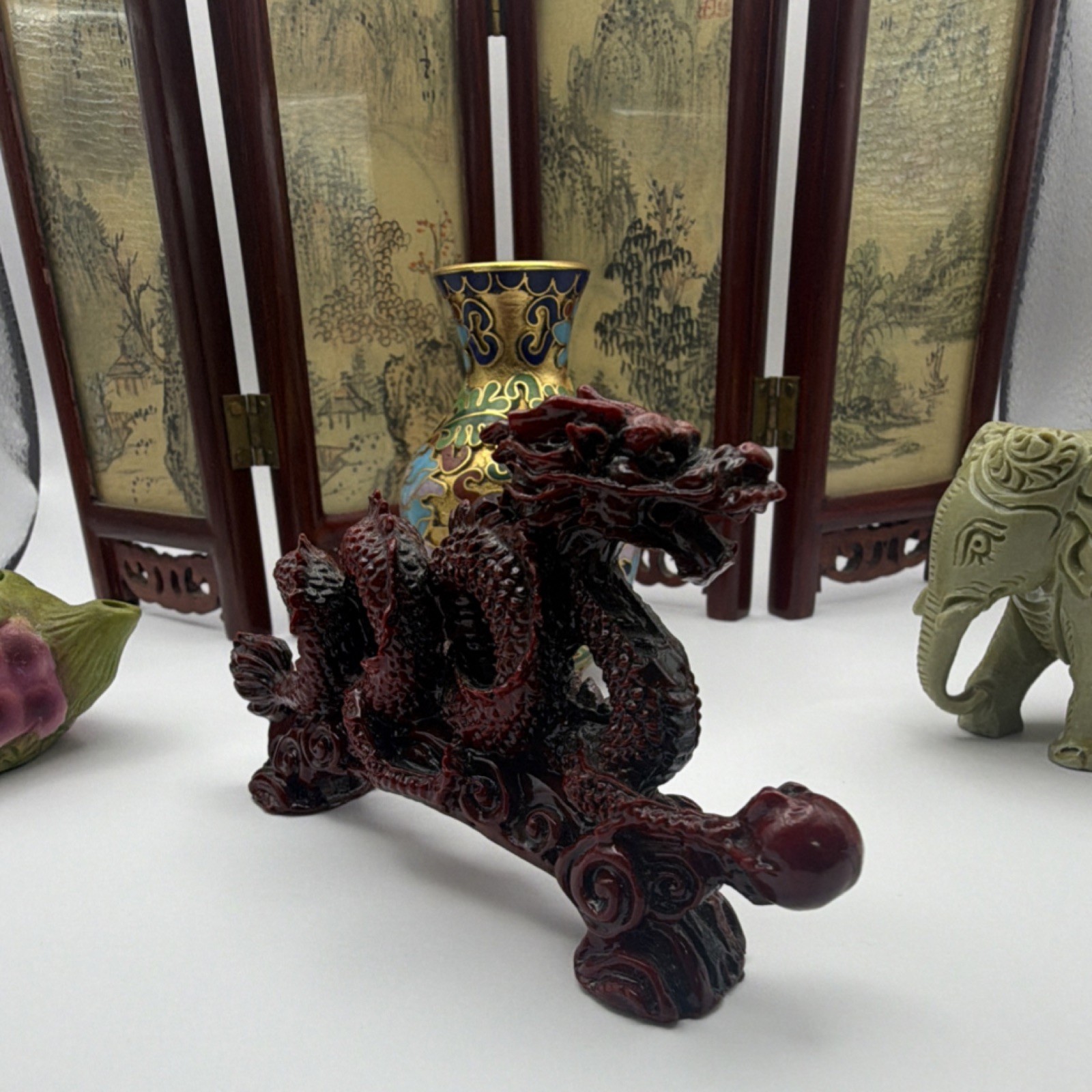 Antique Chinese Handmade Collectible Set: Vase, Teapot, Dragon, Elephant, Screen