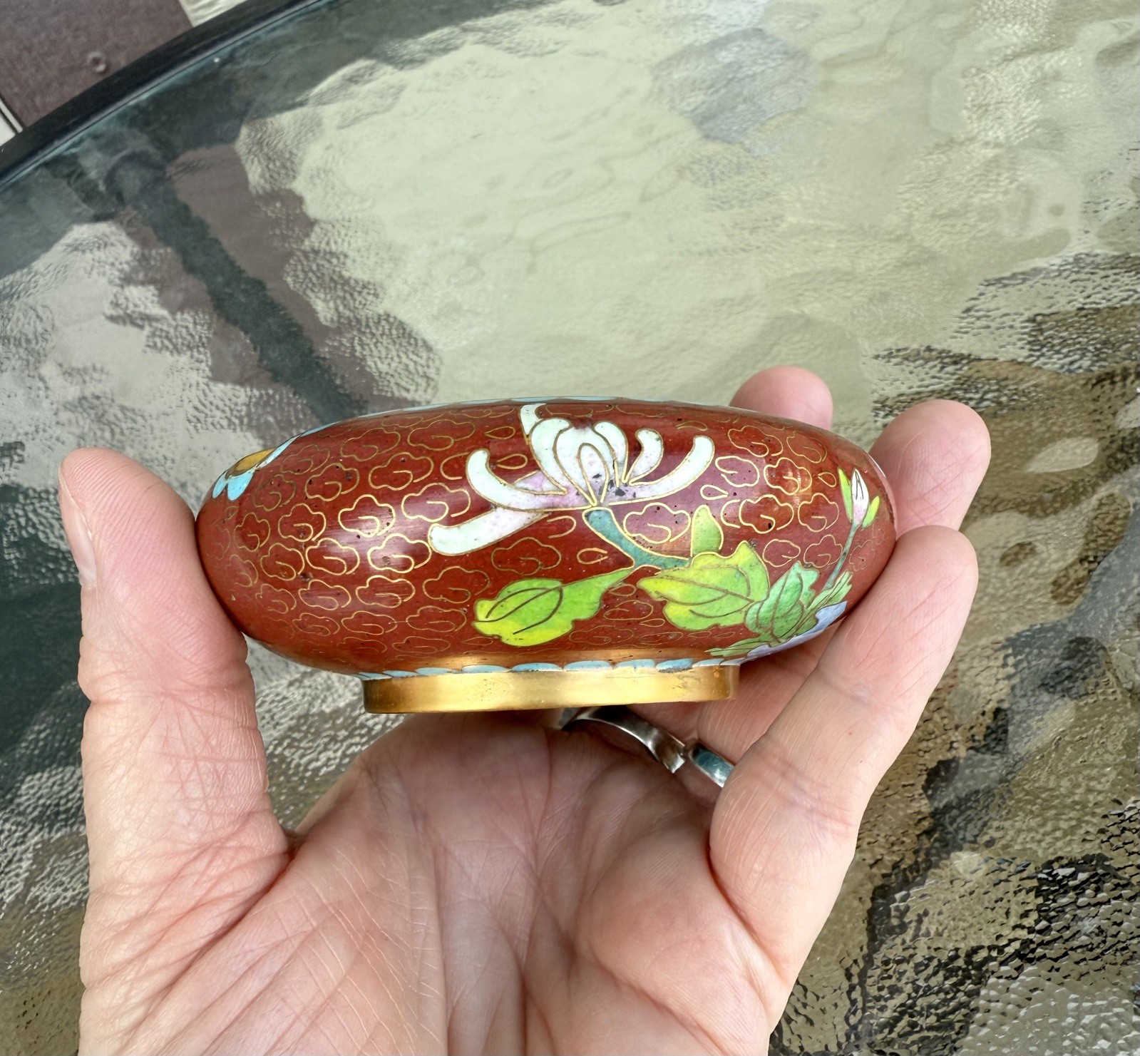 Vintage Chinese Asian Floral Cloisonné Enamel Brass Ashtray Beautiful Colors