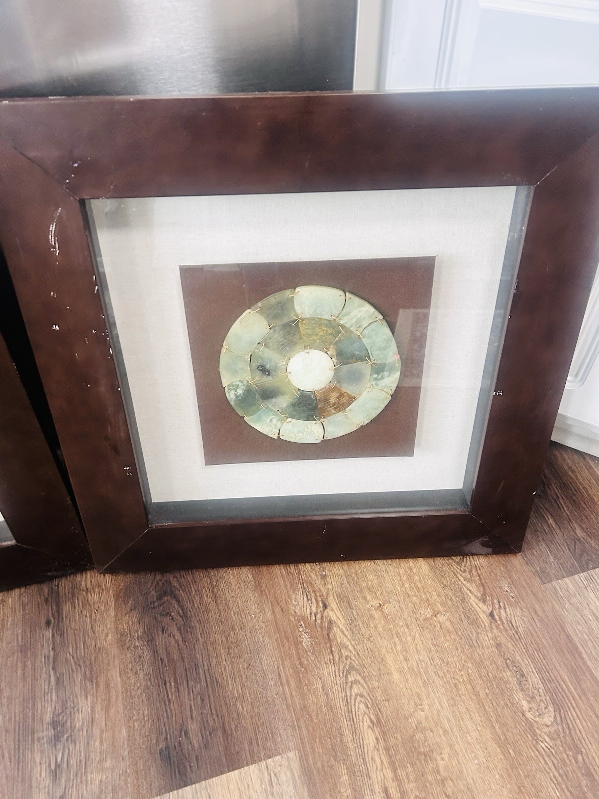Set Jade Carved Chinese Zodiac Signs Yin & Yang Center in Heavy Shadow Box Frame