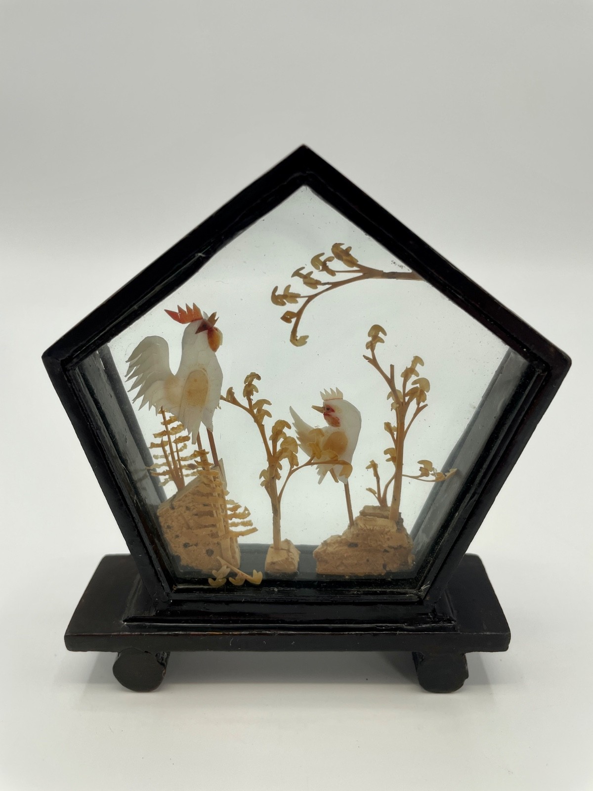 Vintage Chinese Diorama Cork Carving Hexagon Wooden Glass Case Roosters