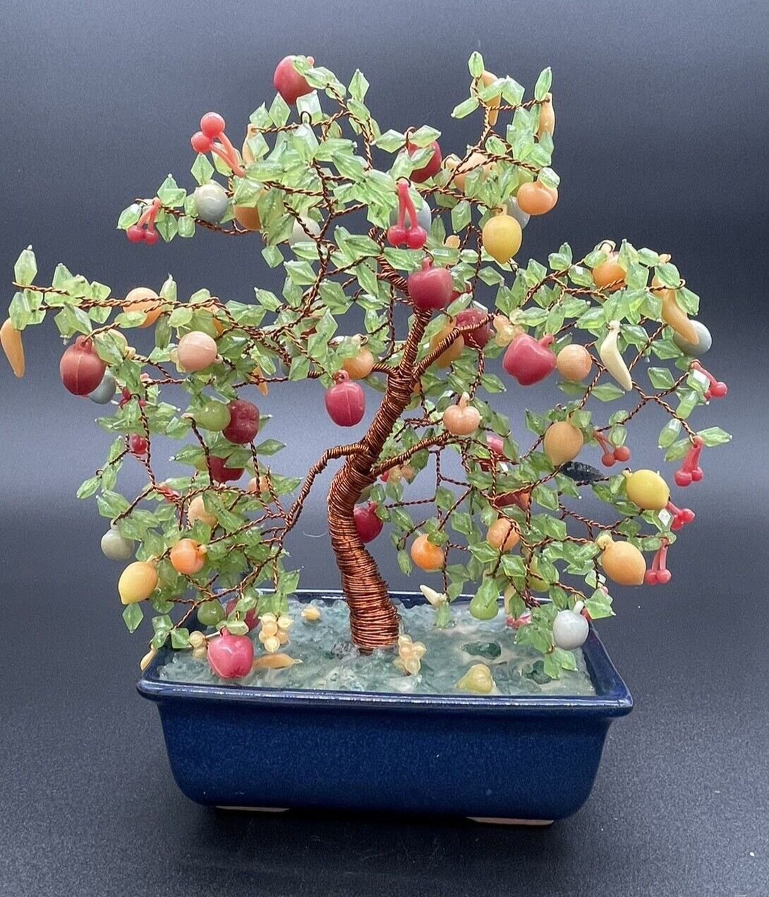 VTG Japanese Glass (? Acrylic) Fruit Bonsai Tree Copper Wire Apple Banana Cherry