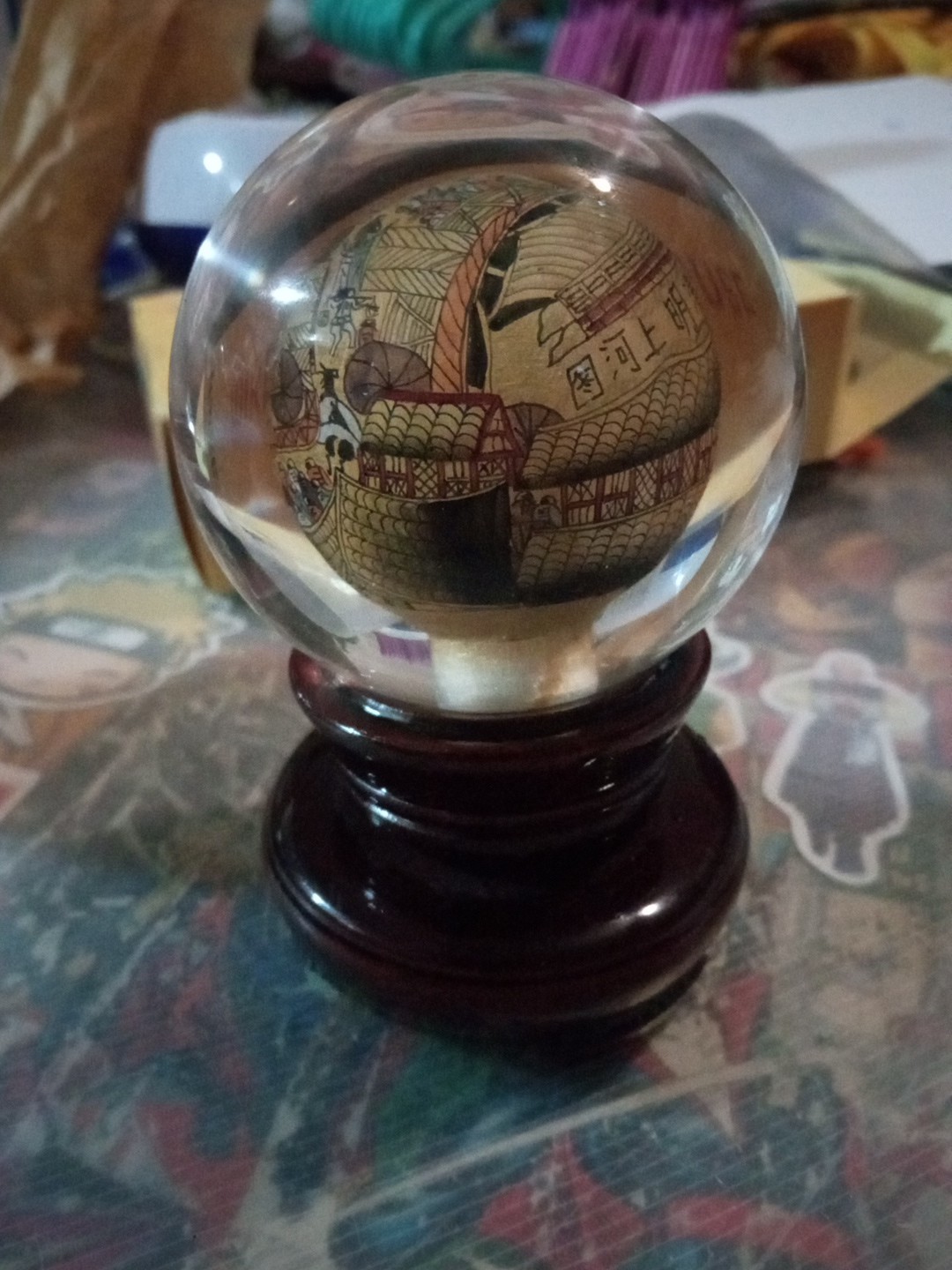 Vintage Chinese Hand Reverse Painted Glass Globe / Wooden Base Stand – 5″ Sphere