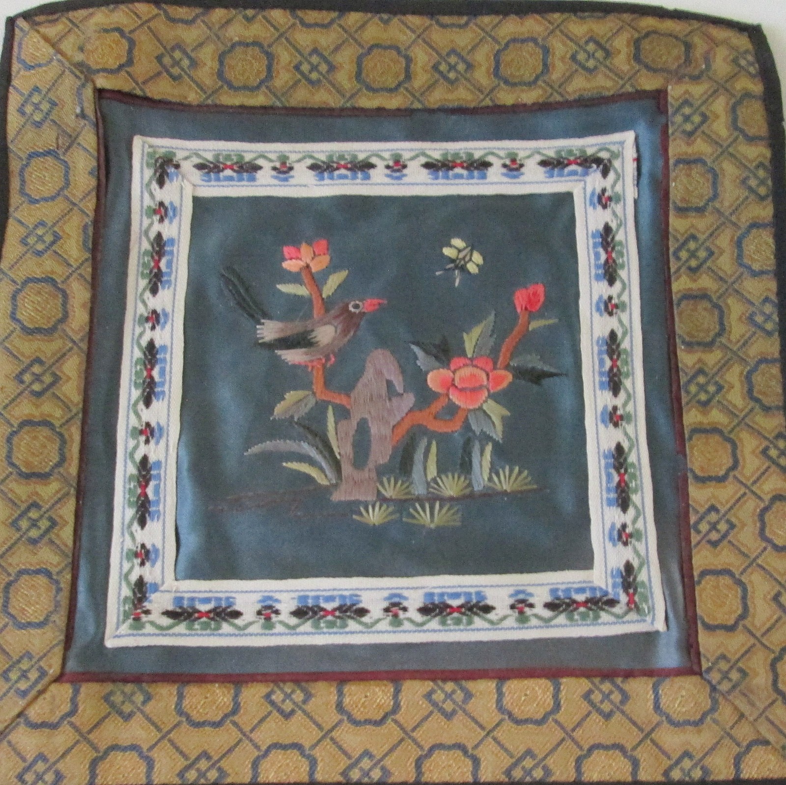 Vintage Chinese Silk Embroidered Square Textile Panel Bird On Branches 7 Inches