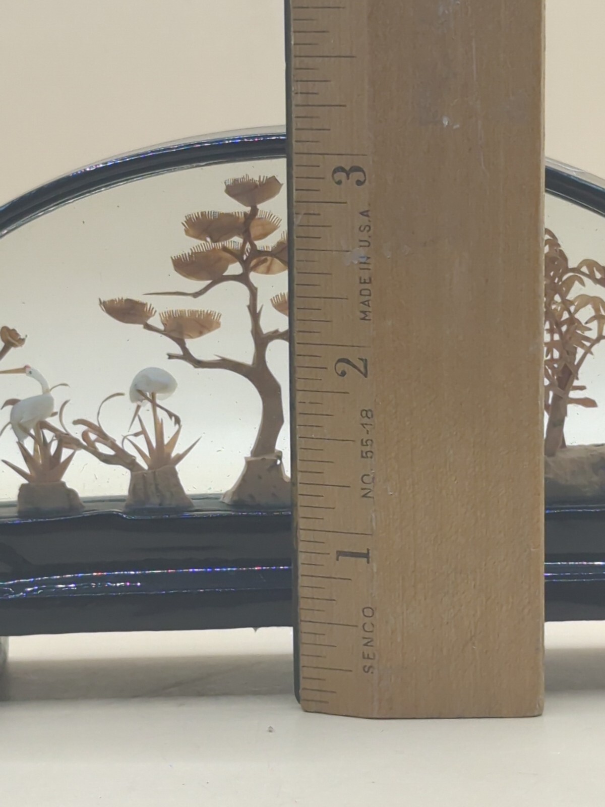 Vintage 2 Hand Carved Cork Diorama of Storks And Pandas in Black Lacquer Frames