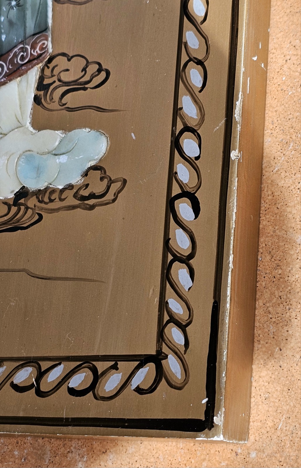 3 Painted Wood ASIAN ART PANELS Inlaid Stone 3D Geisha Figures Chinese VTG Decor