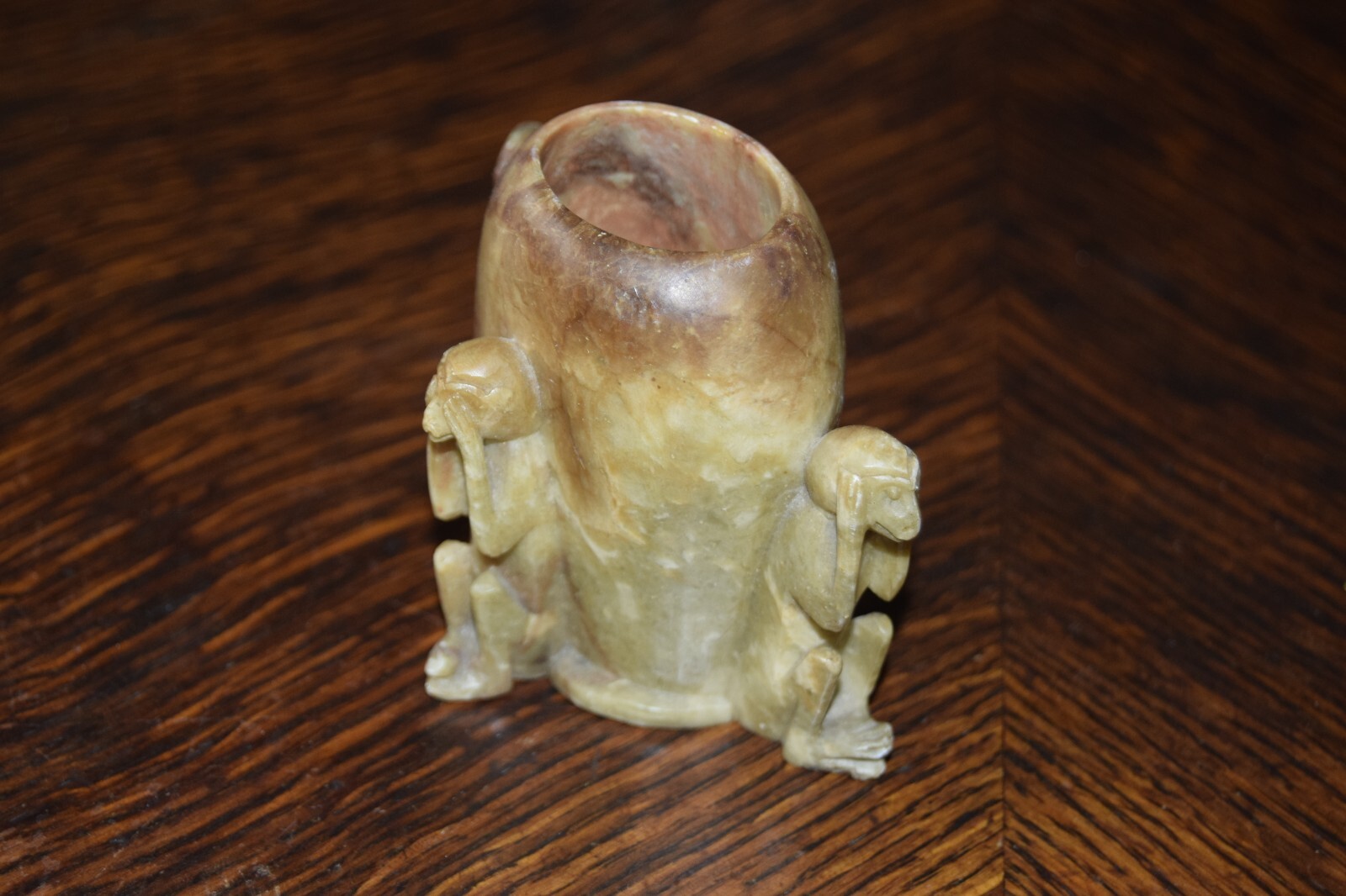 Vintage Soapstone Carved Toothpick Holder Cup Monkeys See, Hear , Speak no Evil