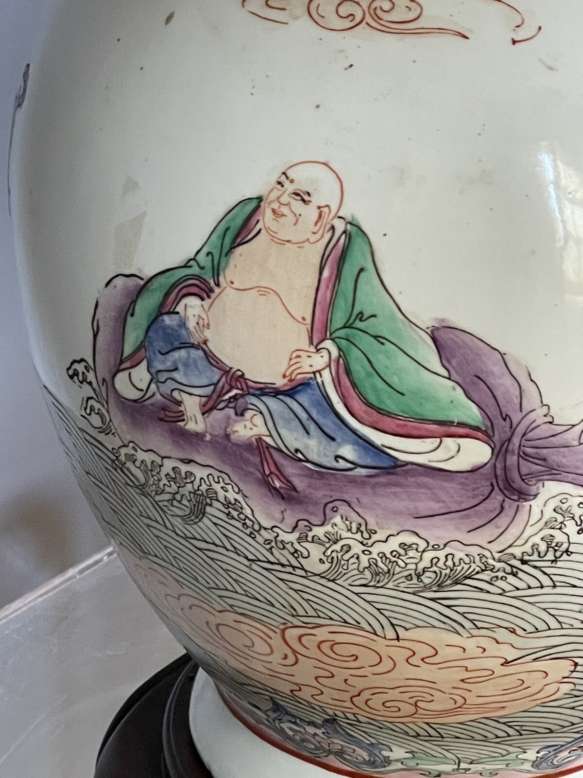 Large Vintage Chinese Porcelain Famille Rose Style Lamp Immortals Hand Painted