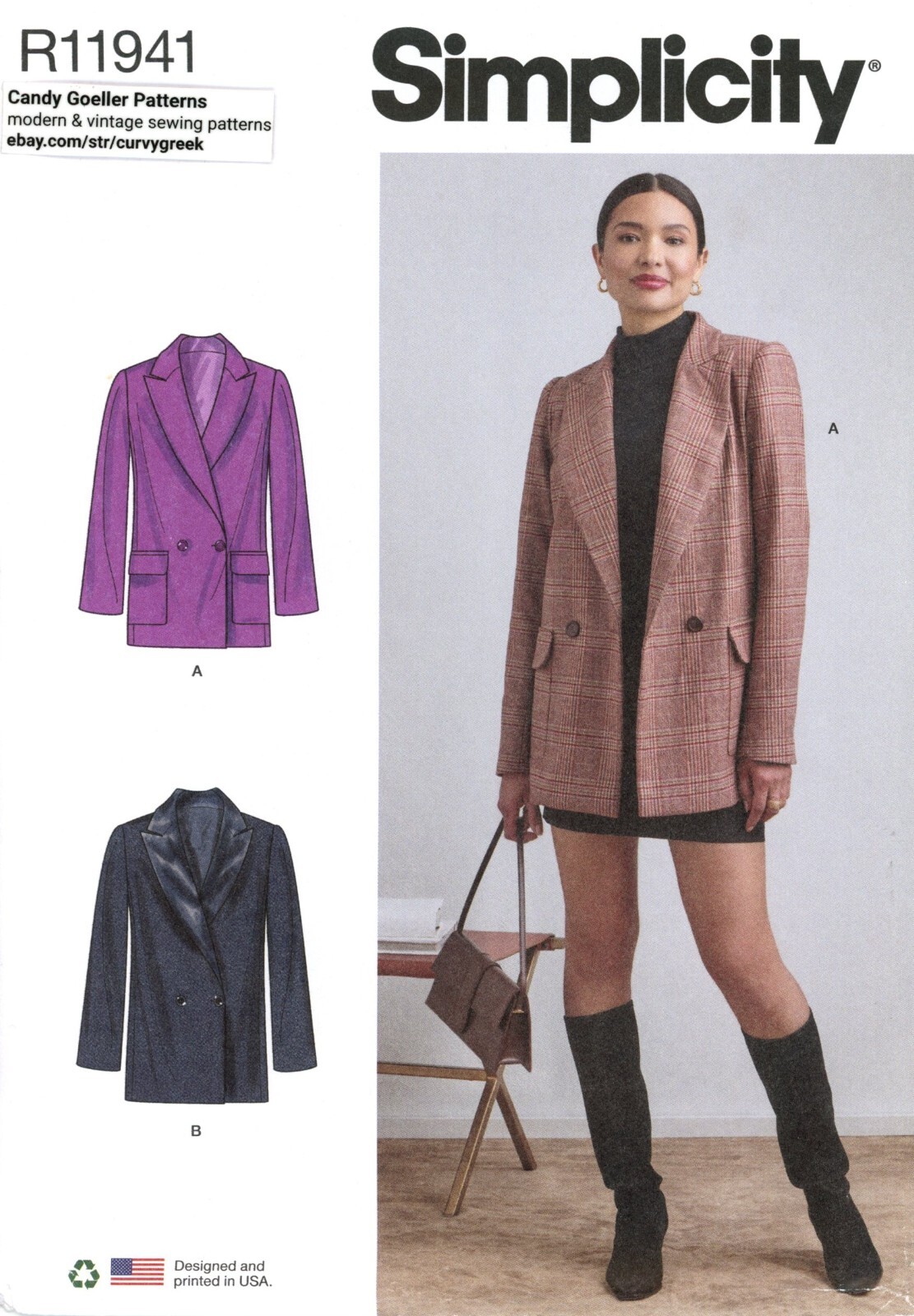 Simplicity R11941 Double-Breasted Lined Blazer Jacket w Pockets Sz 8-16 UC S9825
