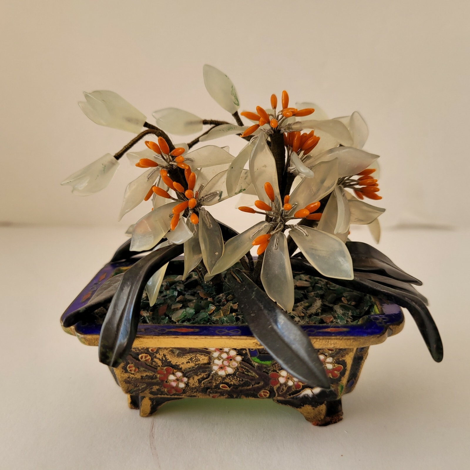 Stone Bonsai in Cloisonne Planter Flower Pot Quartz Jade
