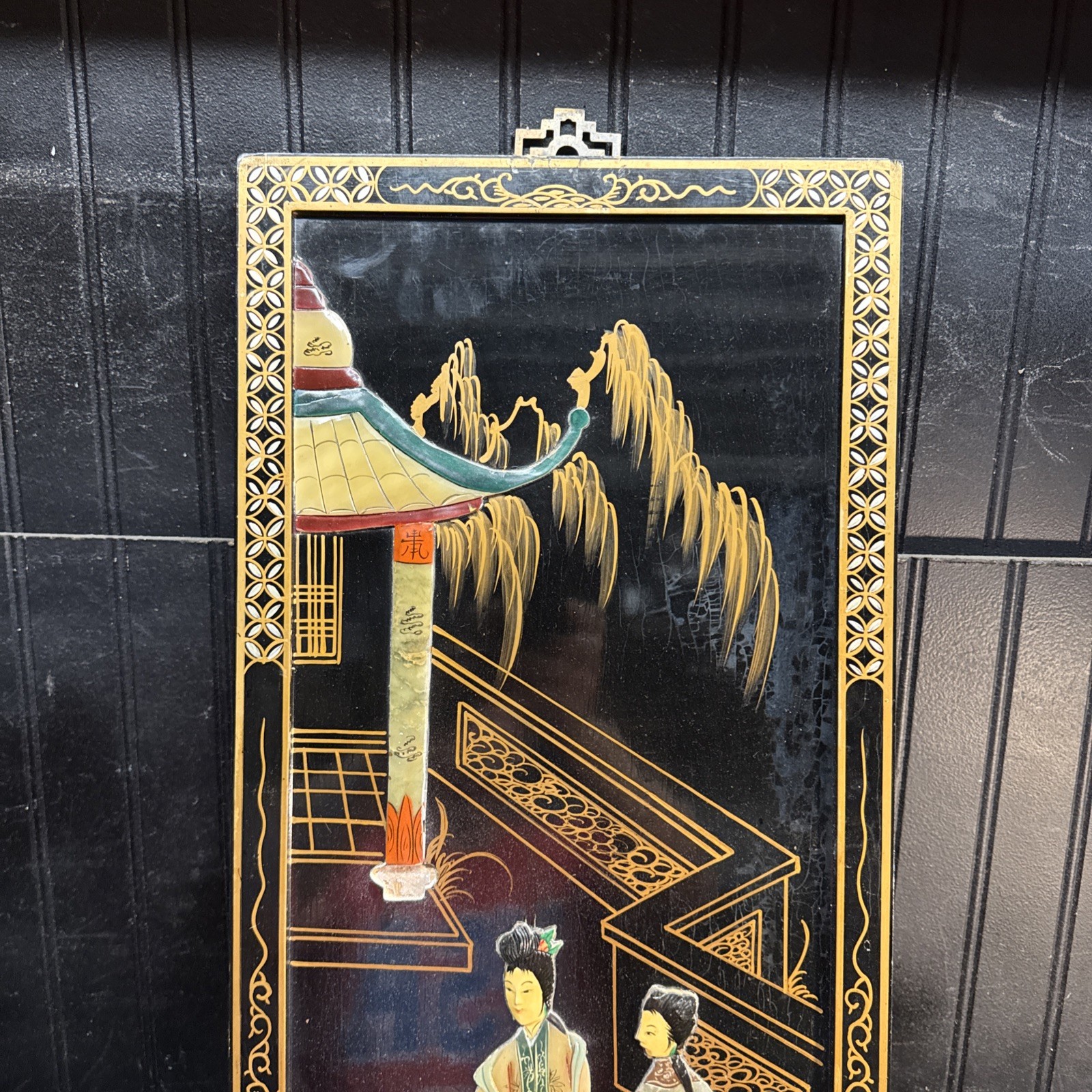 MCM Black Lacquer Geisha Japanese Mother Of Pearl Wall Art Panel Floral 36”X12′