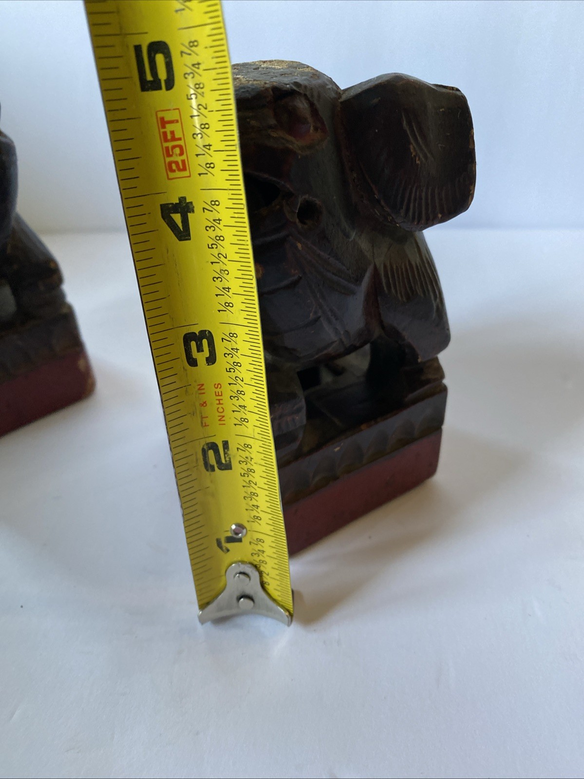 Pair Antique Chinese Hand Carved Wood Foo Dog Creature Statue Rattle