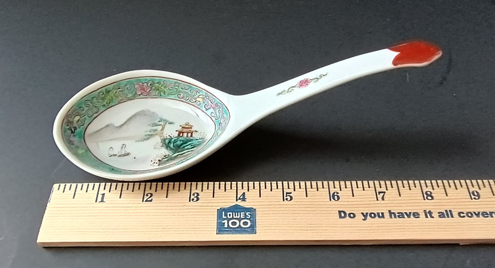Large Vintage Chinese Hand Painted Porcelain Serving Spoon, Turquoise, Marked