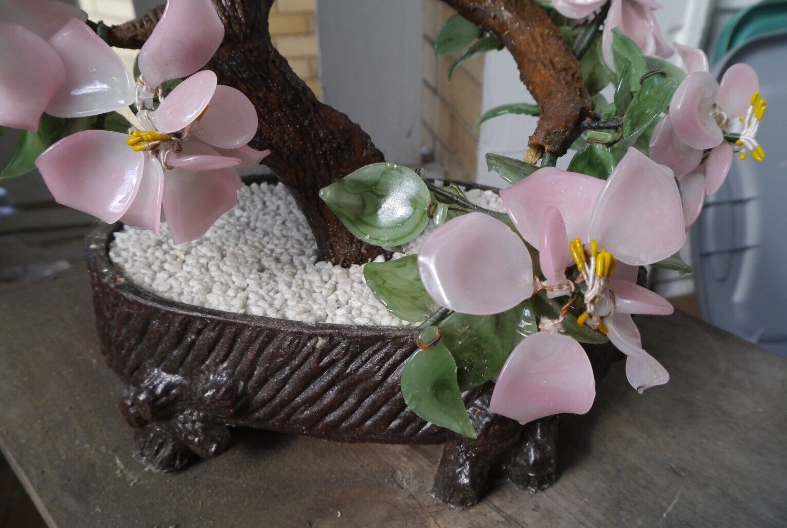 Jade Bonsai Tree Asian Chinese Japanese Art Glass Agate Pot Flowers VTG Dogwood?