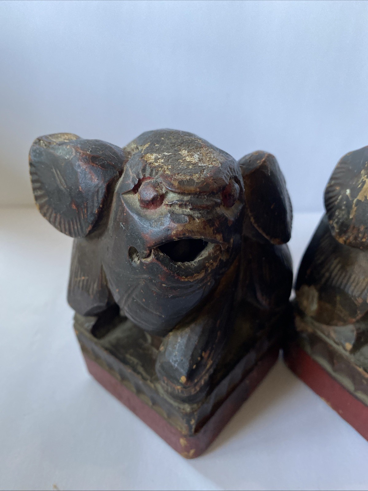 Pair Antique Chinese Hand Carved Wood Foo Dog Creature Statue Rattle