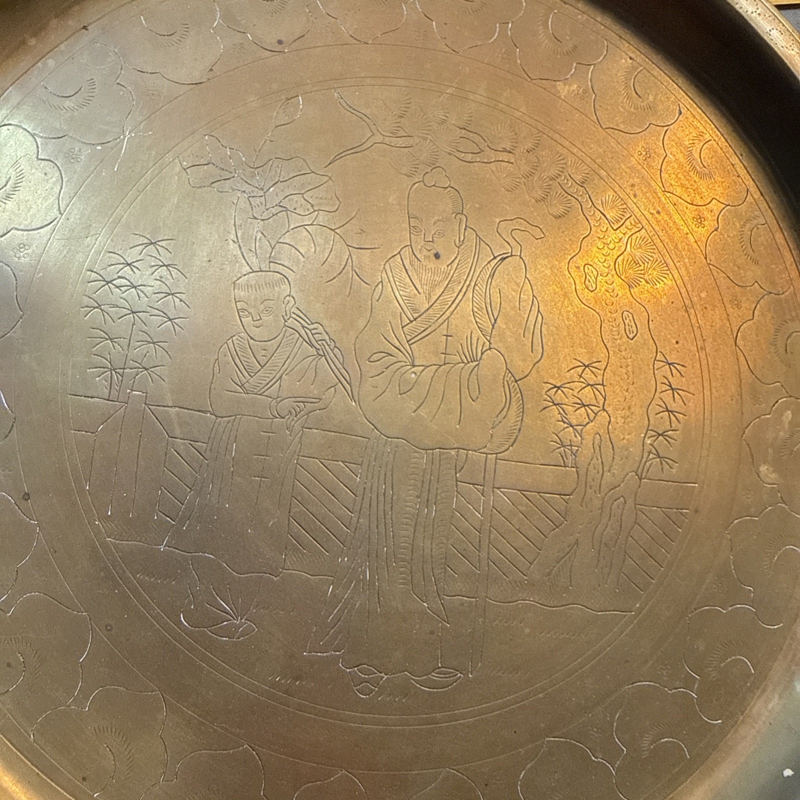 Vintage Chinese Brass Etched Tray Old Man & Boy 12”
