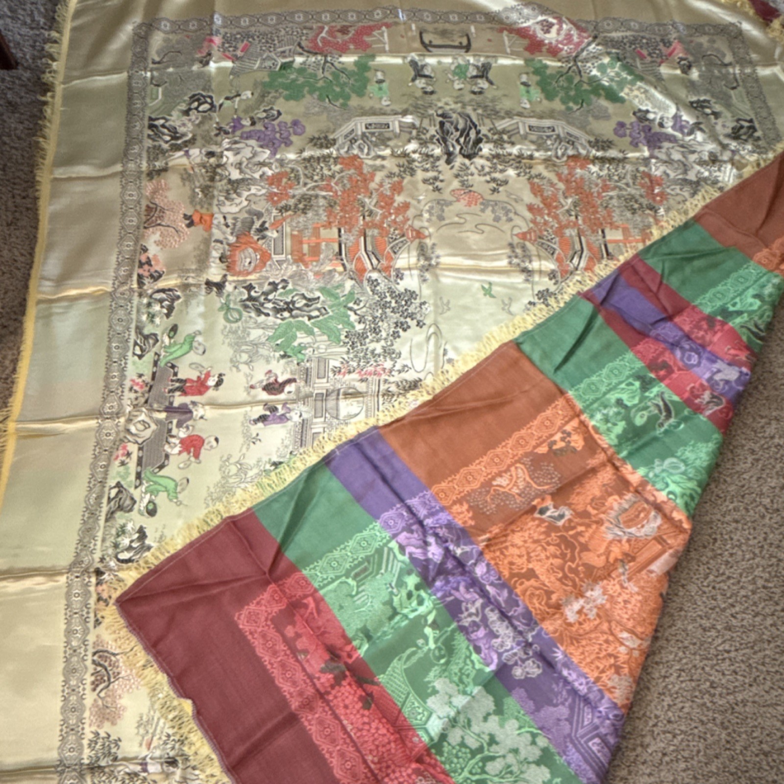 Large Vintage 1970s Chinese Silk Brocade Tablecloth – 58″ x 78″ – Unused NOS