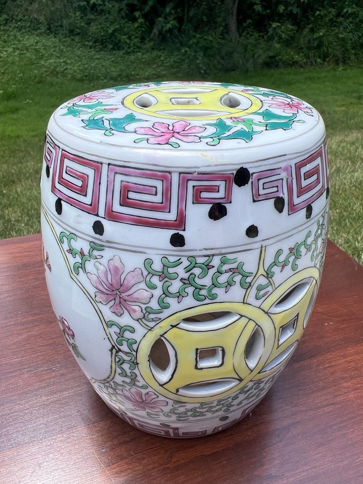 VTG Handpainted Famille Rose Chinoiserie Porcelain Plant Stand Riser Pedestal