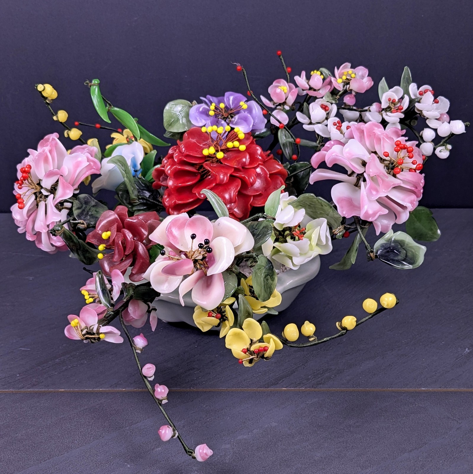 Vintage Jade Style Glass Flower Arrangement Asian Bonsai Planter Pink Red Purple
