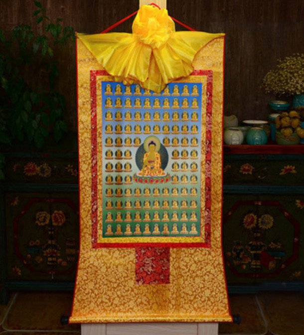 Tibet Tibetan Buddha Print Silk Gild Thangka Thanka Shakyamuni Buddha 释迦佛百尊 35cm
