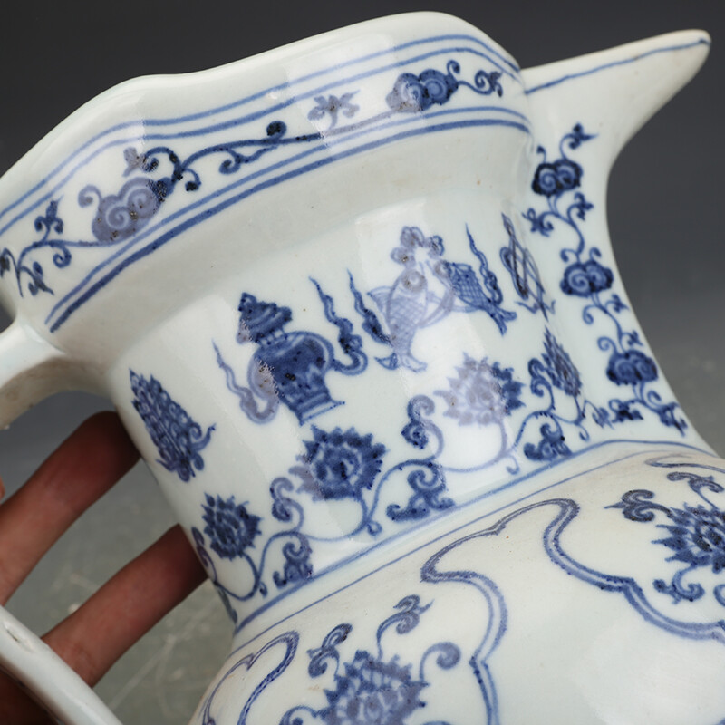 9.4″ Collect Chinese Blue and White Porcelain Eight Treasure Monk Hat Kettle