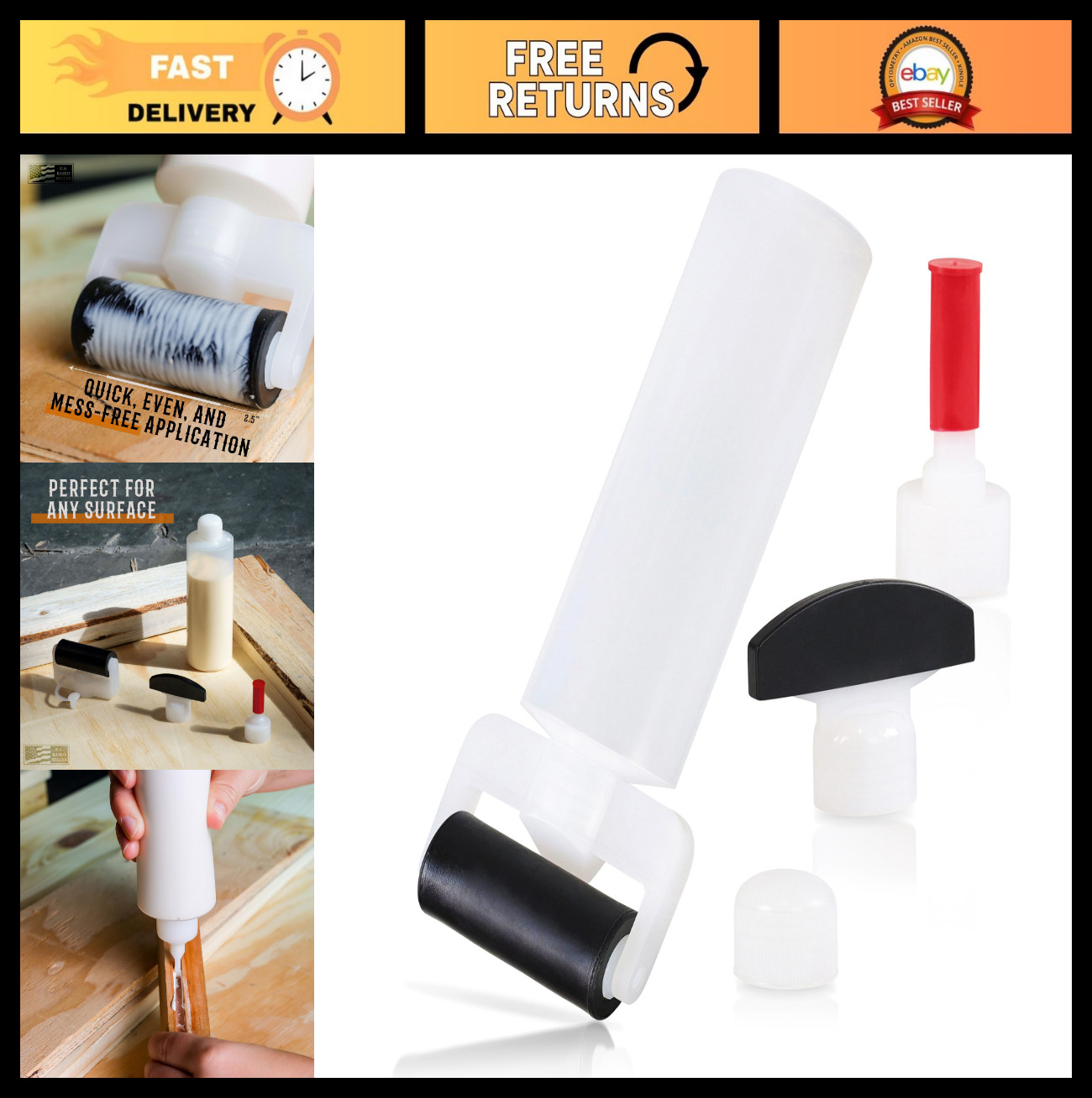 Wood Glue Spreading Kit – 8oz Bottle, Roller Applicator, Dowel Nozzle, Biscuit T