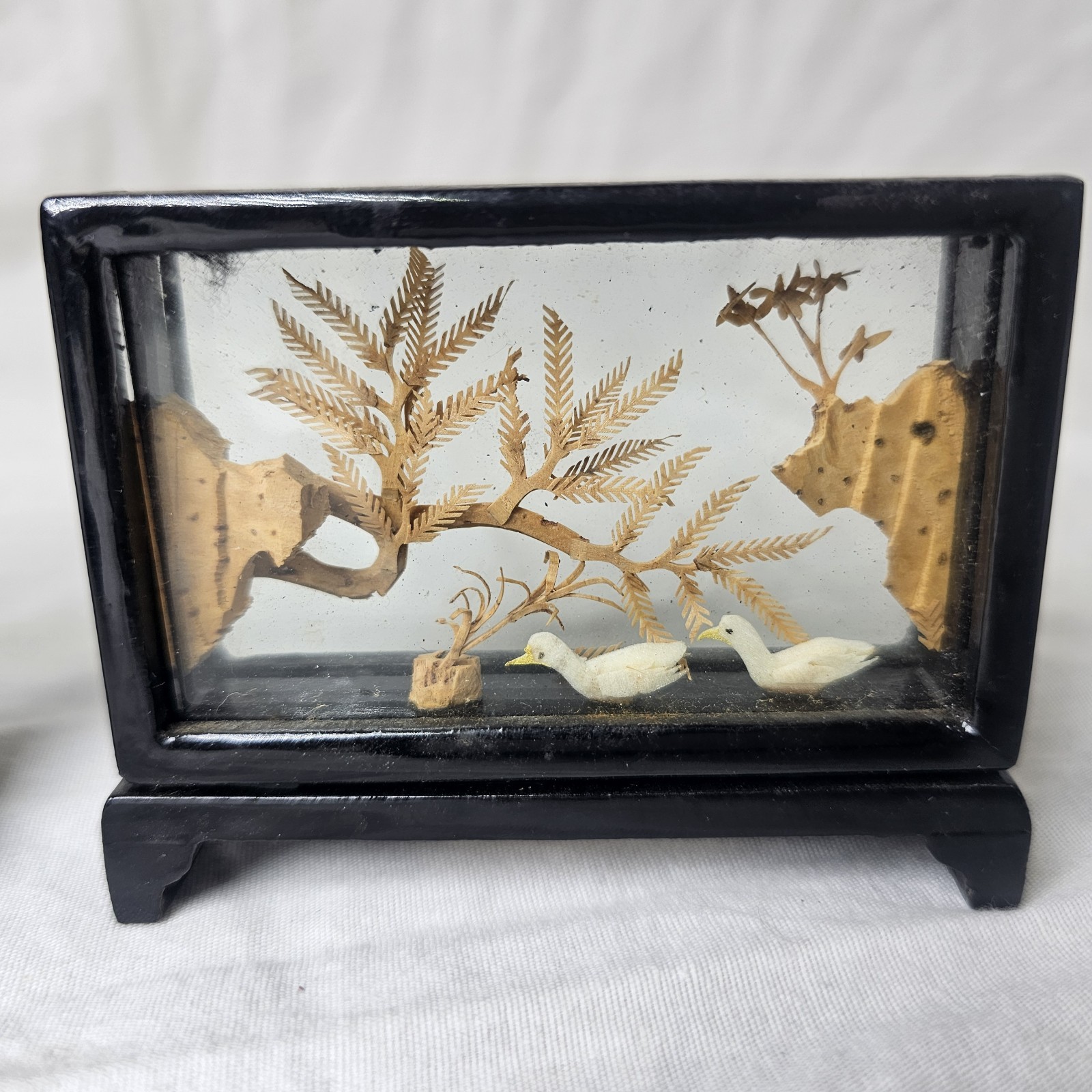 Vintage Lot Of 6 Chinese Carved Cork Lacquer Ware Diorama Sculpture Bird Panda