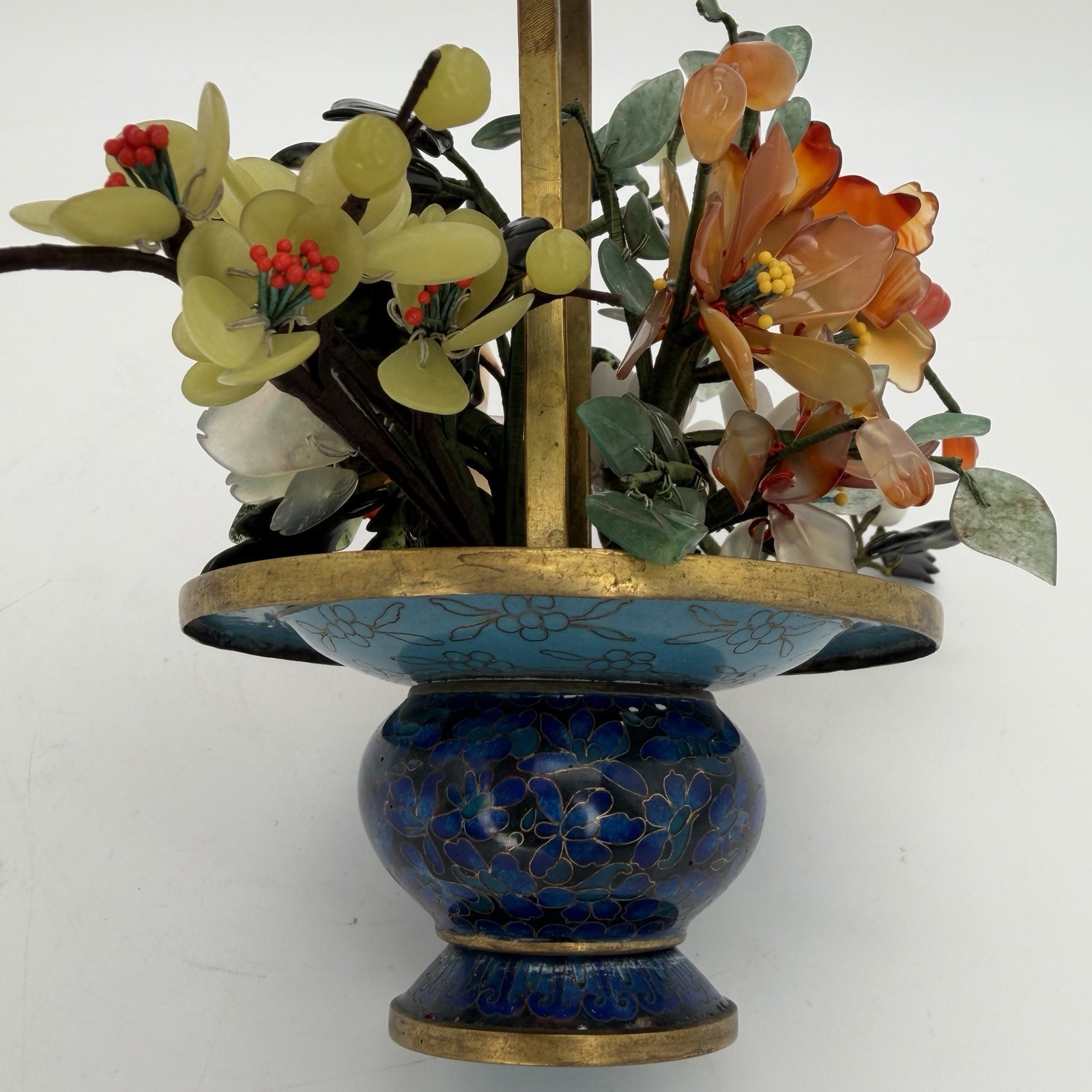 Vintage Jade Bonsai Tree Flowers Basket Cloisonné Pot 7.5” Brass Handle