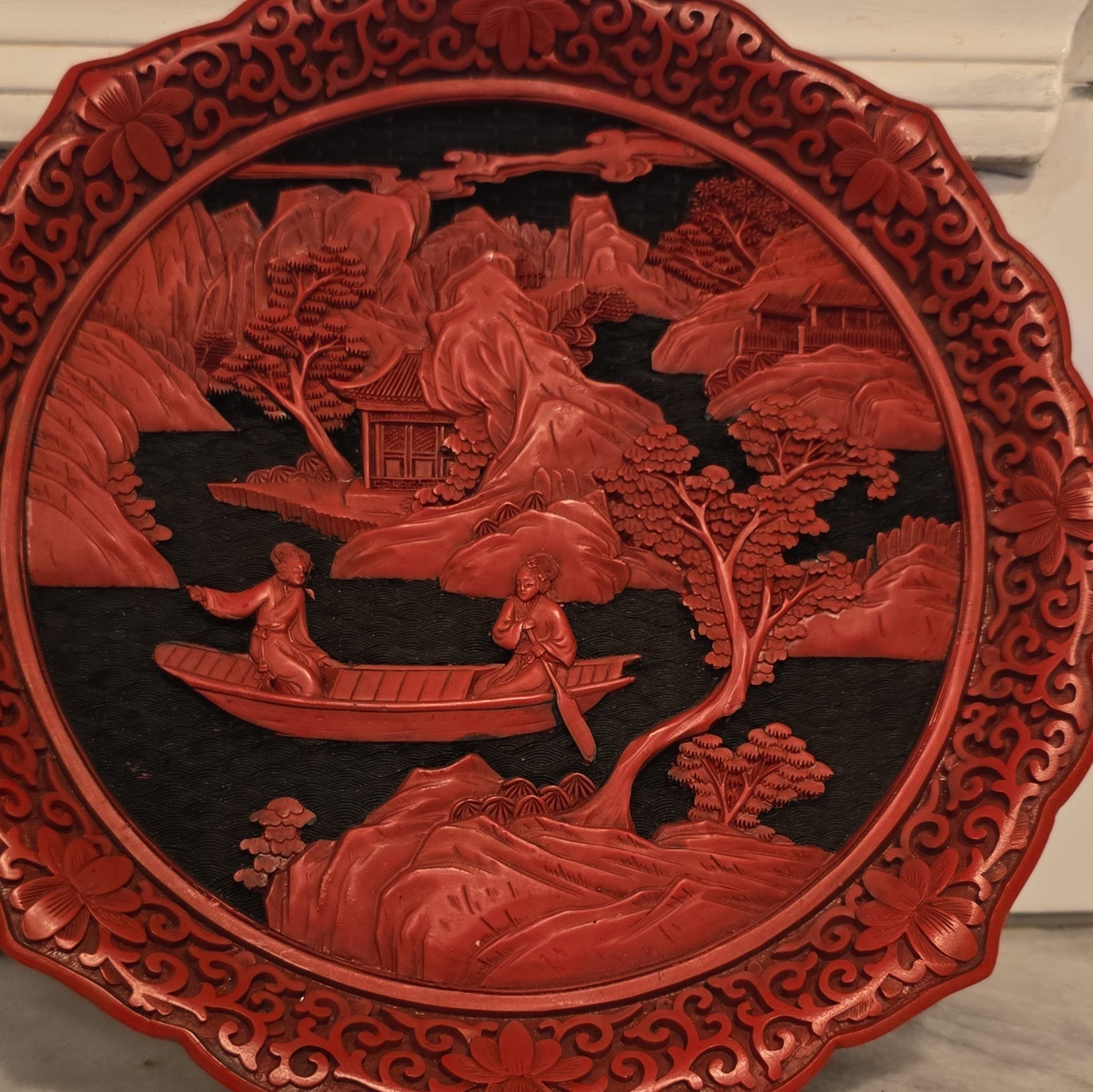 Chinese Cinnabar-Style Red Lacquer Carved Dish Plate Scenic Landscape Boat