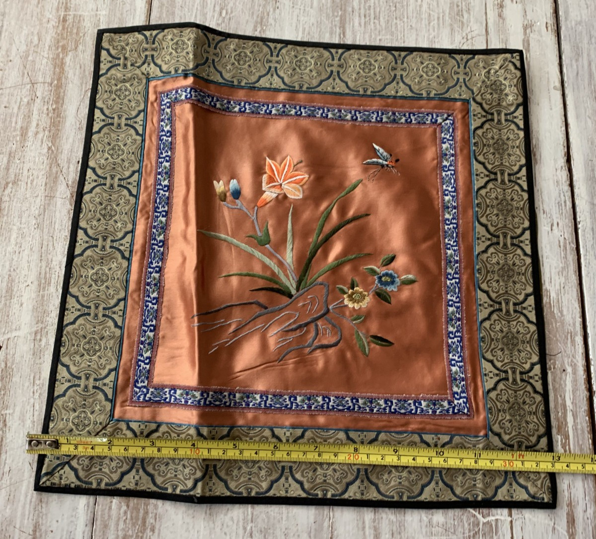 Vintage Chinese Silk Embroidery Textile Panel Butterfly and Flowers 13 x 13″
