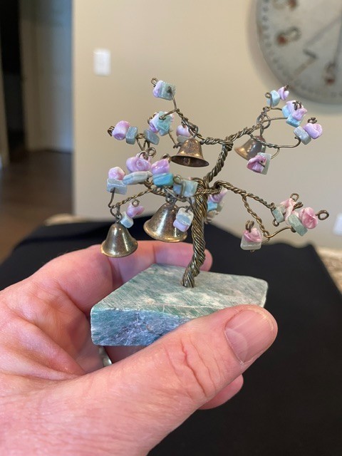 VNT Copper Wire Bonsai Tree with Brass Bells + Stone Blossoms on Quartz Base 4X3