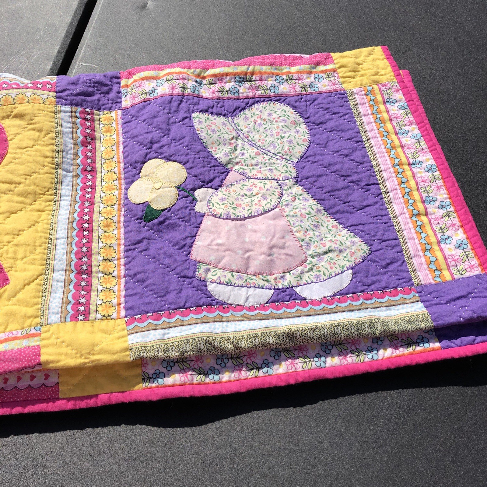 Sunbonnet Sue Appliqued Quilt 59″ x 46″ Pink Purple Flowers
