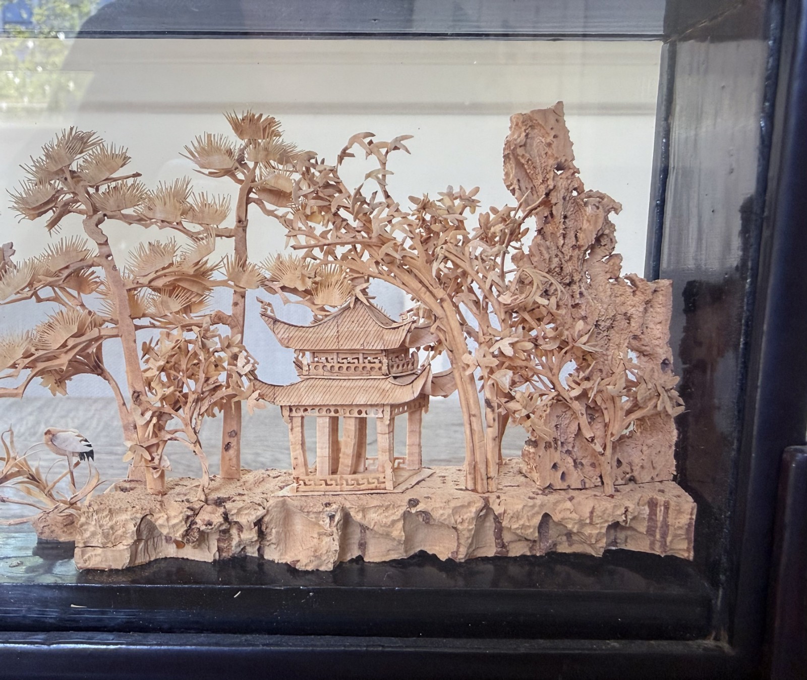 Vintage Chinese Cork Carving Shadow Box Hand Carved Pavilion Landscape 1980s