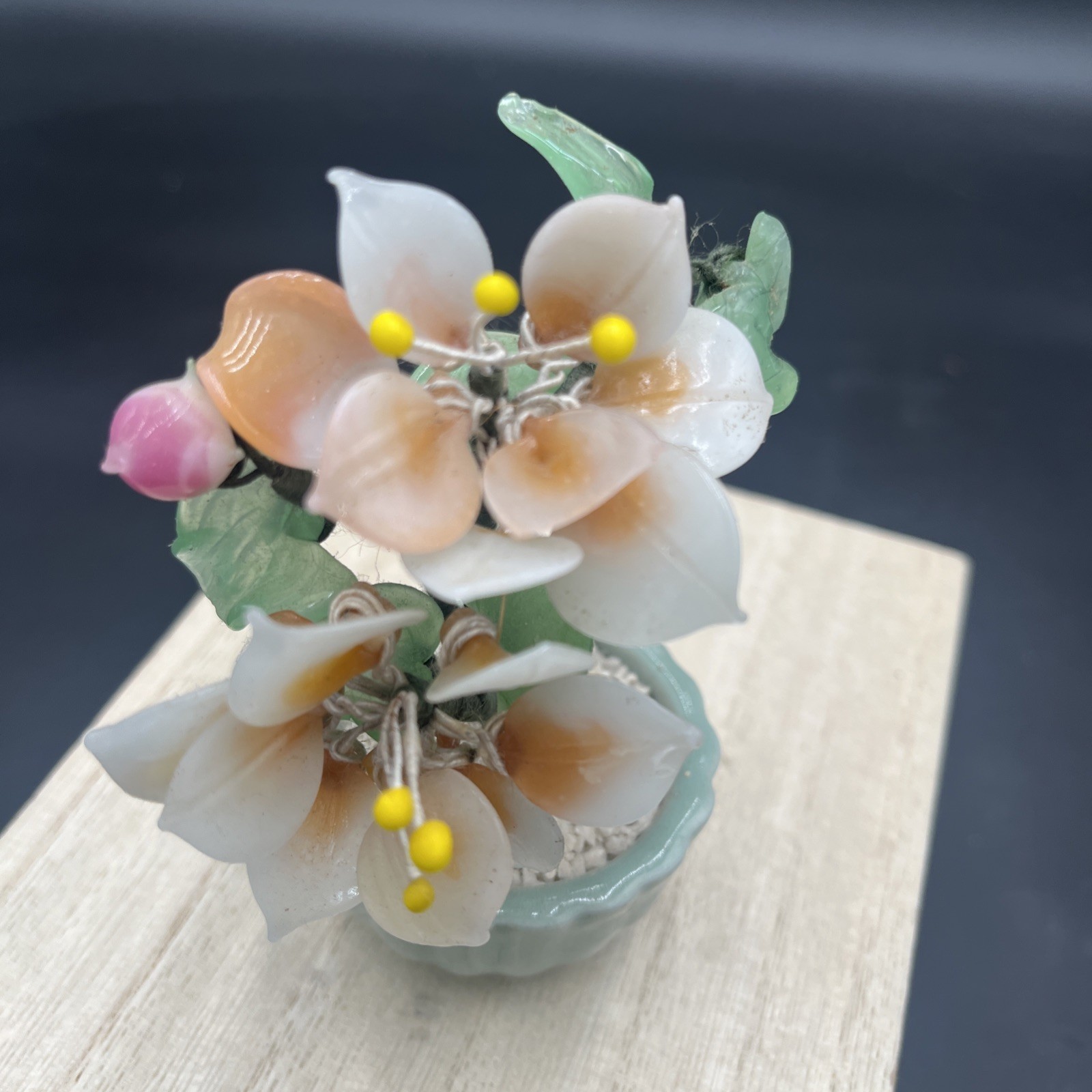 Vintage Small Jade & White Floral Bonsai Tree Green Celadon Pot 4.5”