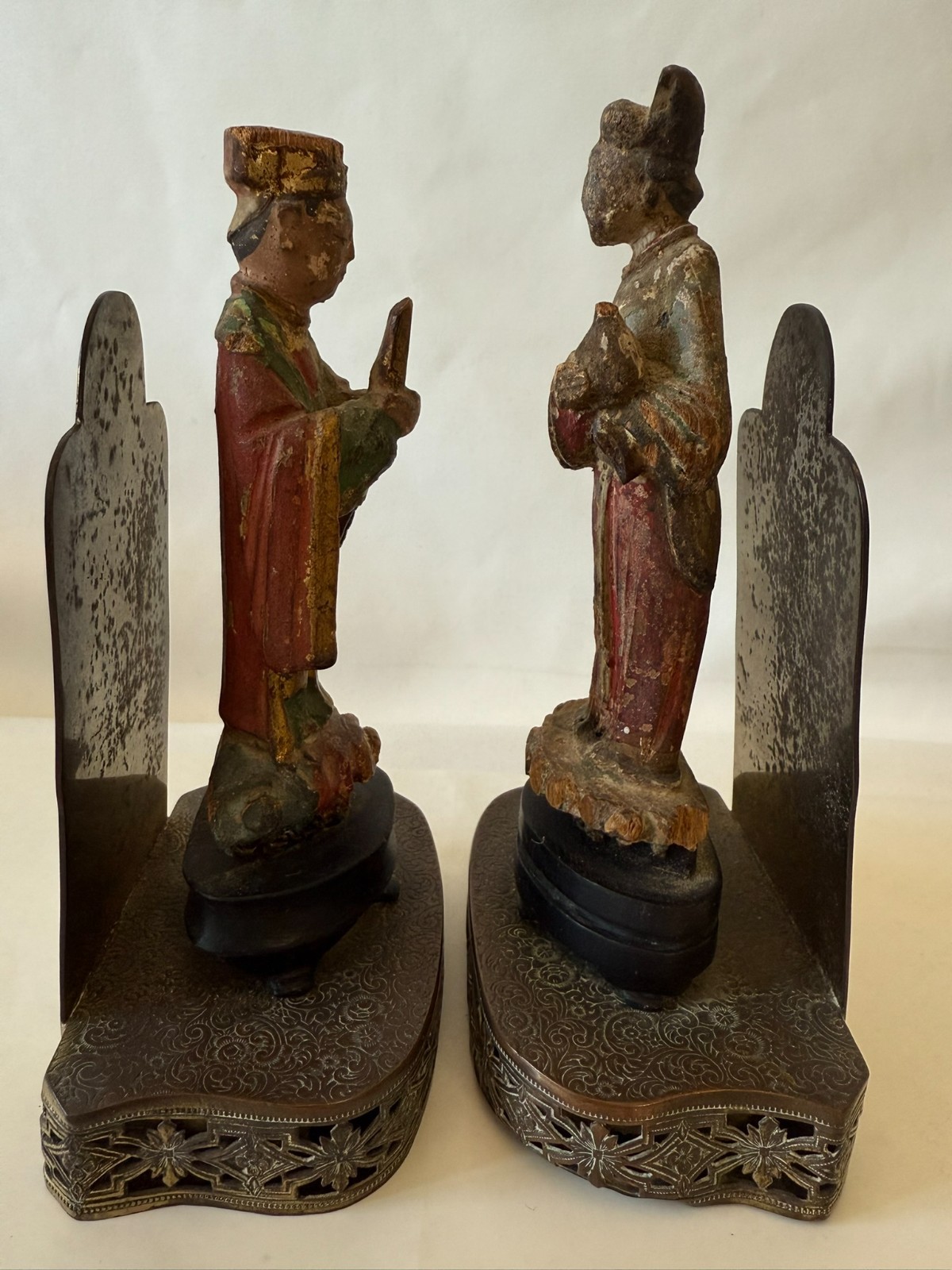 Antique Chinese Pair Sculptures Hand Carved Bookend On Brass Base