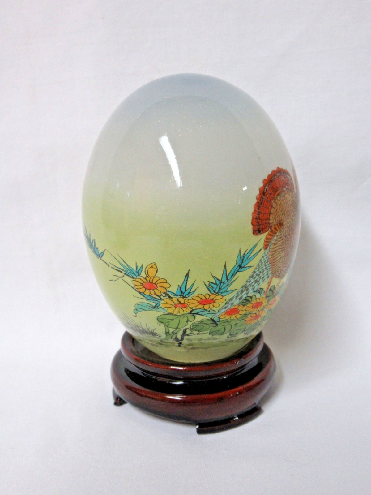 VINTAGE ORIENTAL ASIAN REVERSE HAND PAINTED GLASS EGG & STAND IN ORIGINAL BOX