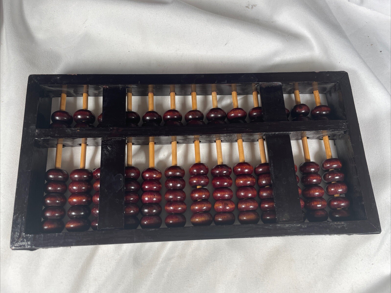 VTG Wooden Chinese Abacus 91 Beads Brass Fittings 10×5” Original Label