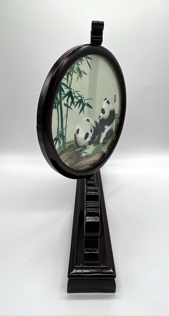 🐼 Vintage Chinese Silk Embroidery Panda Bamboo Round Panel w/ Carved Wood Stand