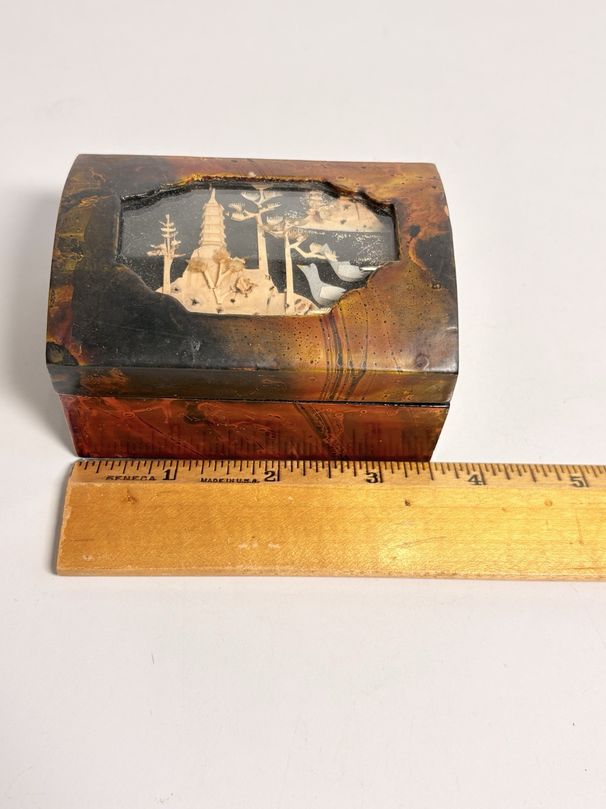 Vintage Chinese Lacquered Carved Cork Diorama Art Jewelry Box ~ Small with Lid