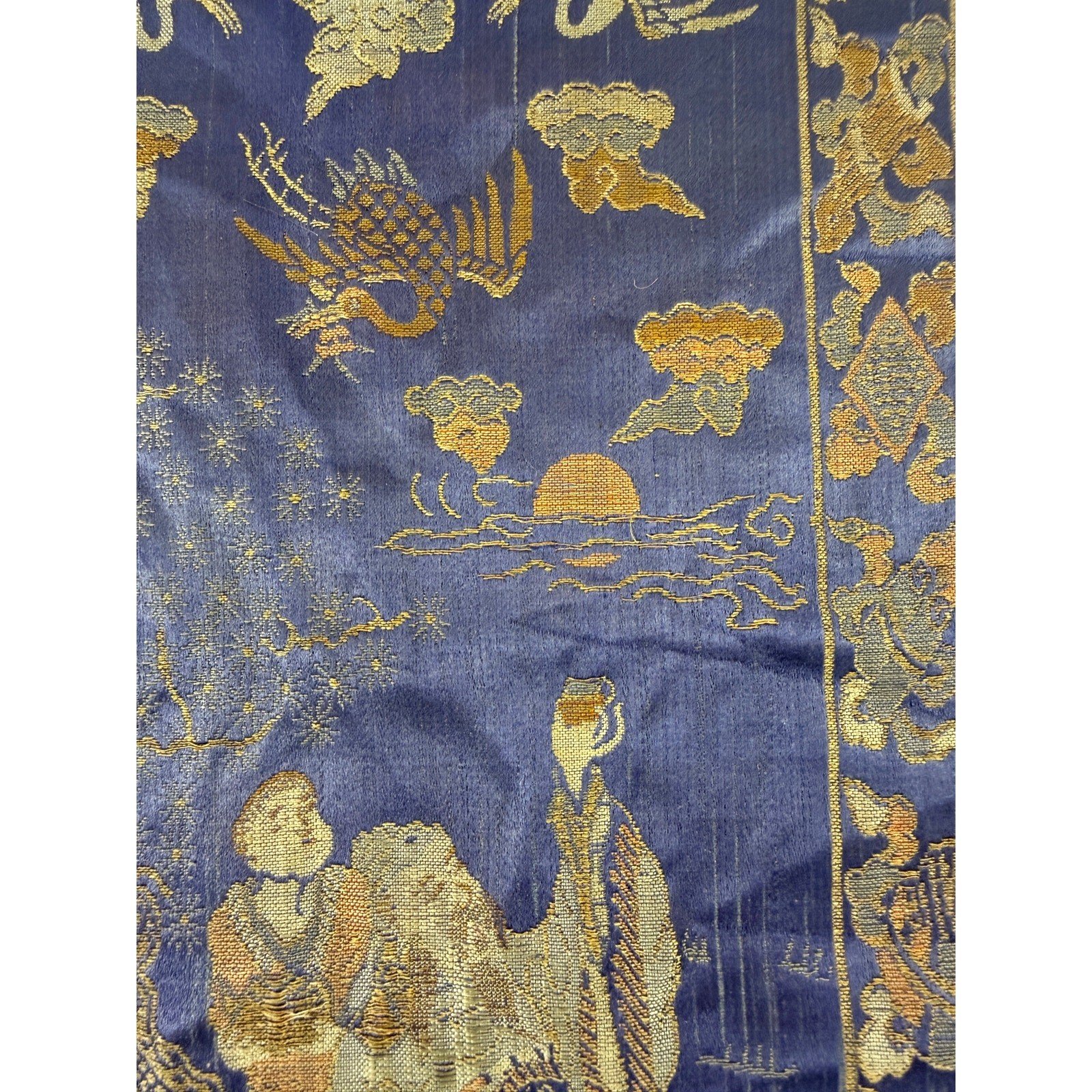 Antique Chinese Silk Brocade Cranes & Scholars Tapestry 18x10in