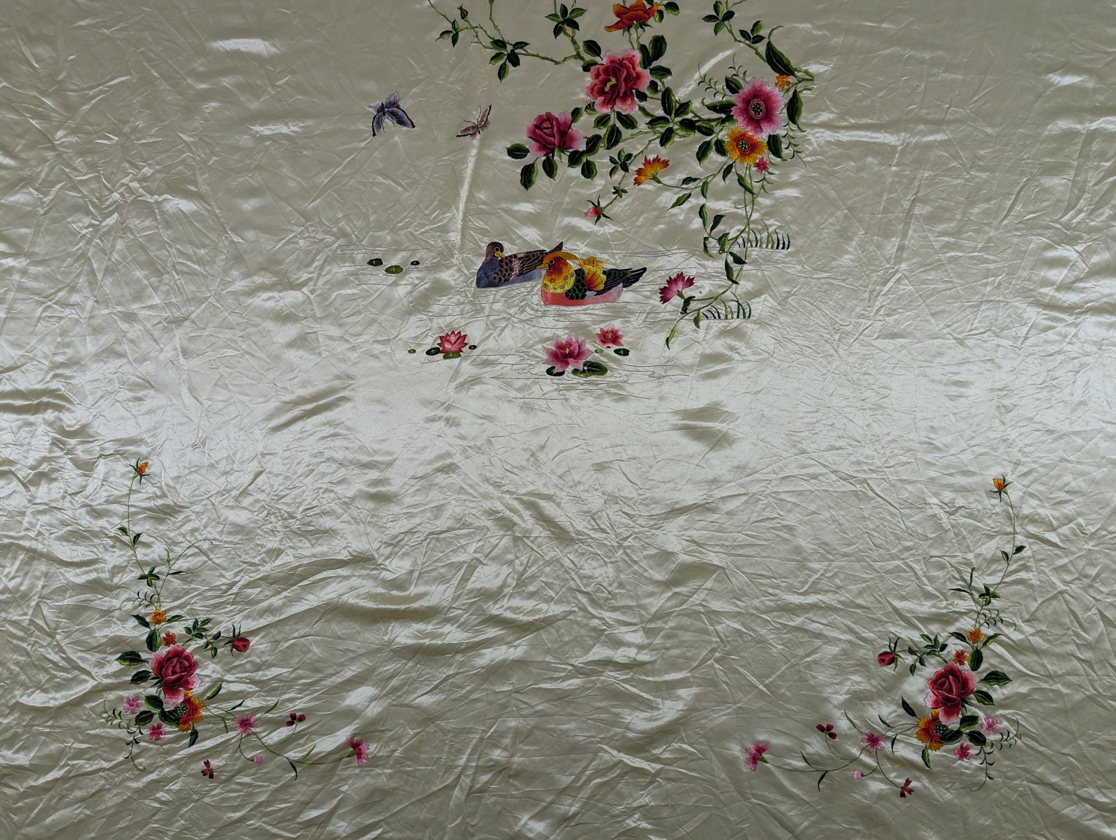 Vintage Chinese Embroidered Floral & Mandarin Ducks Silk Textile 74x56in