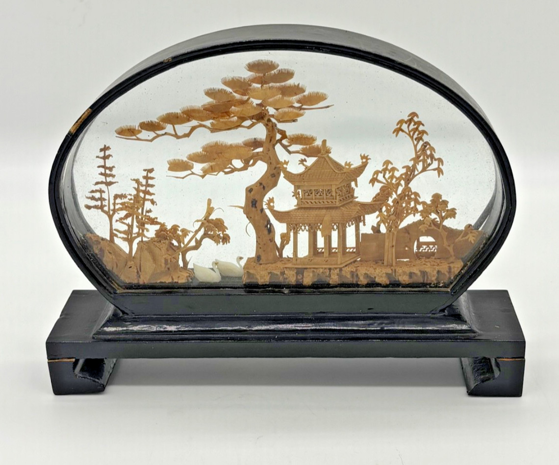 Vintage Chinese diorama featuring intricate hand-carved cork artistry enclosed