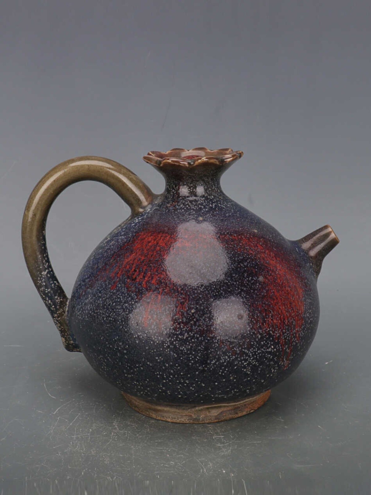 9″ Chinese Jun Kiln Porcelain Green Glaze Rose-bengal Fambe Zhi Kettle