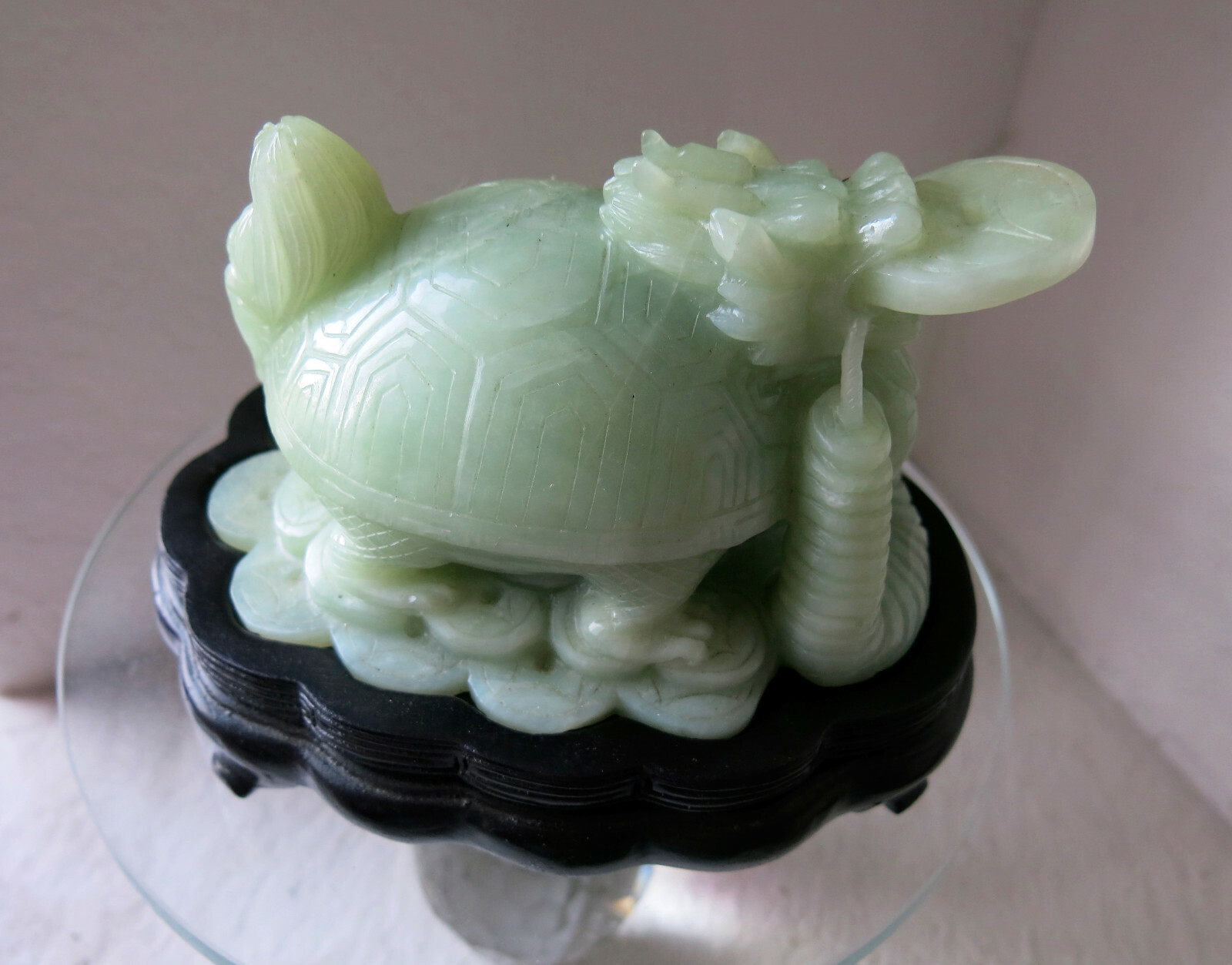 Asian Carved Jade Turtle – Many Symbols: Foo Dog Head, Coin in Mouth