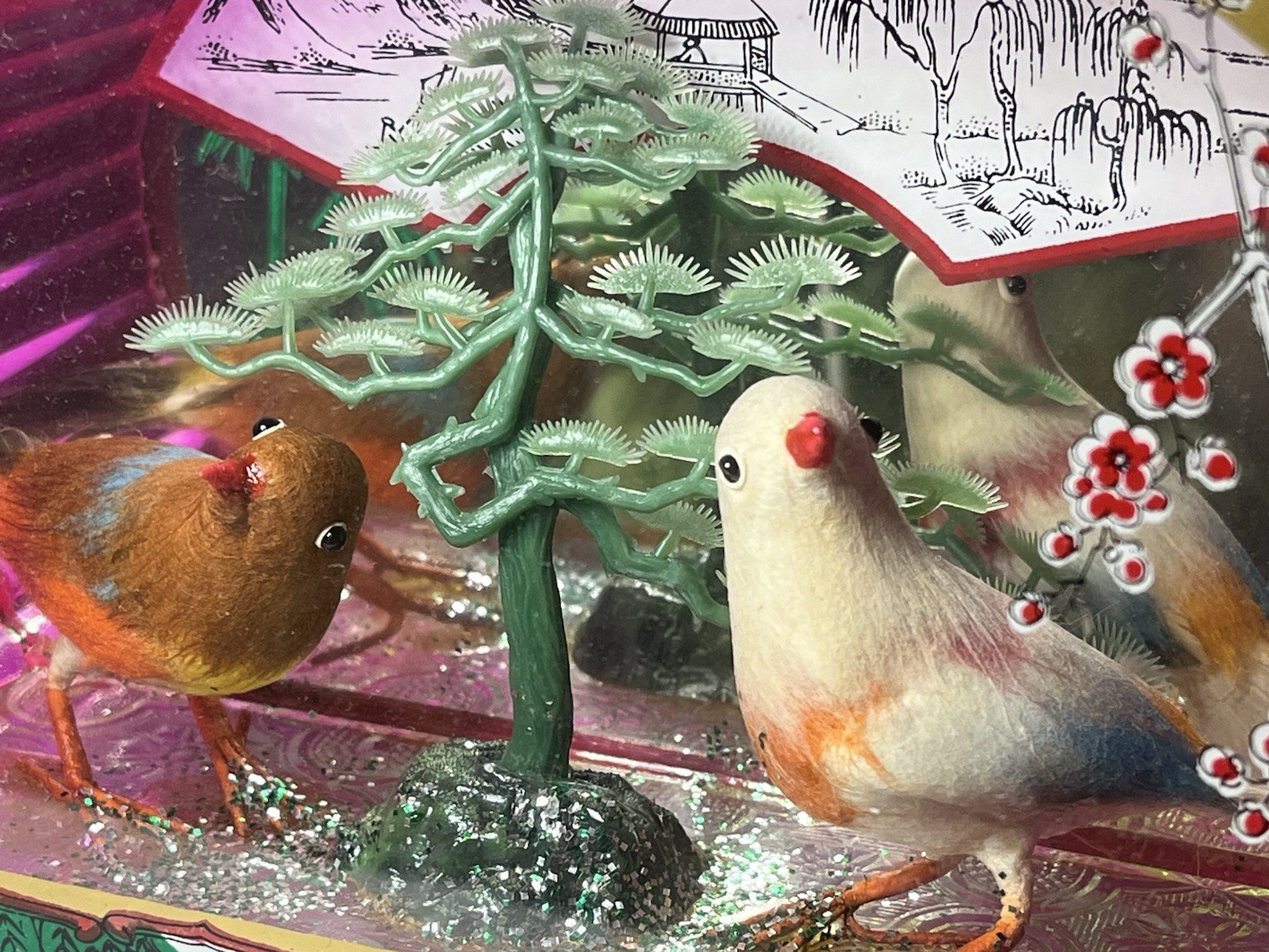 Pink Plastic Oval Case Diorama Birds Tree Mirrored Made in Hong Kong