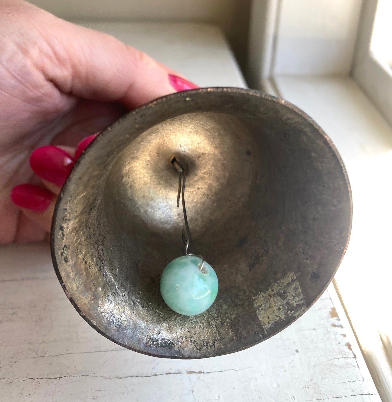 Enamelled Metal Chinese Bell Immortal Figure on Top Floral Blue Green Pink 4 in
