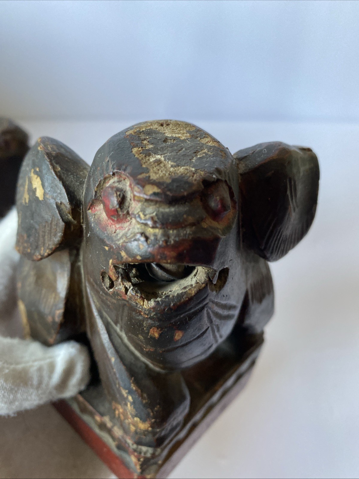 Pair Antique Chinese Hand Carved Wood Foo Dog Creature Statue Rattle