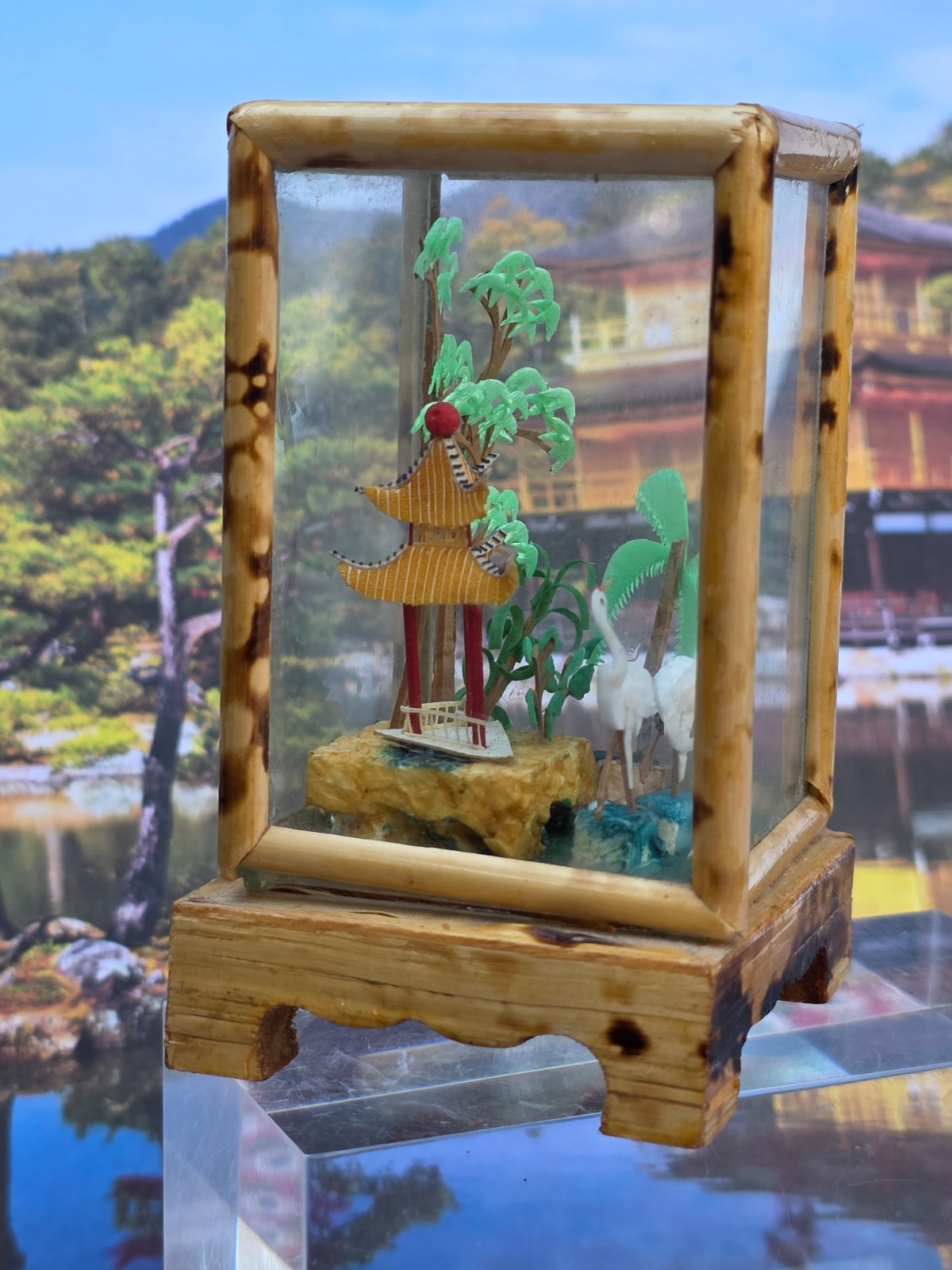 Vintage Carved Cork Chinese Miniature Diorama Shadow Box Cranes 3.75″T & 2.25″L