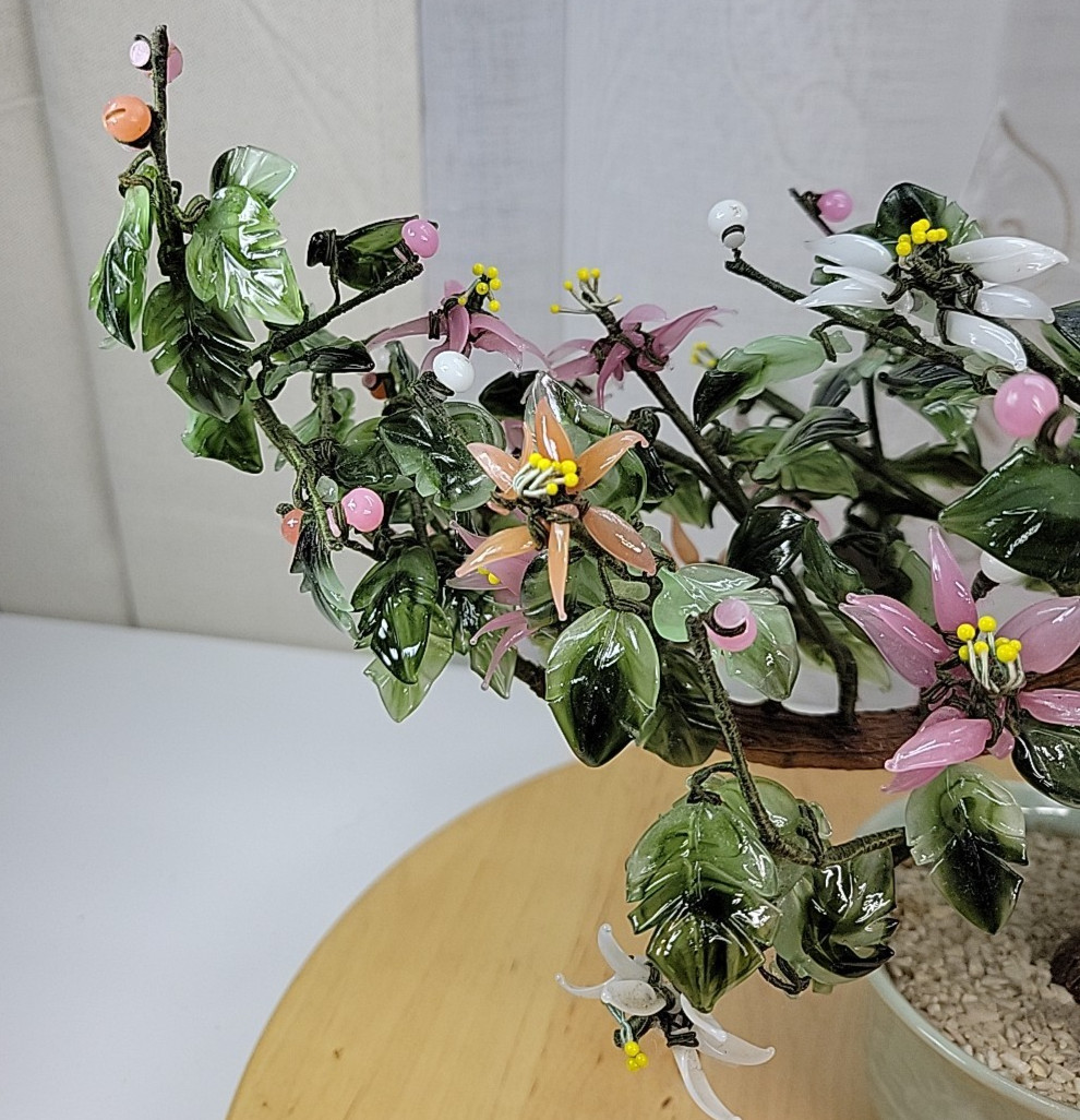 VTG Chinese Flowering Plastic Glass Jade Bonsai Tree Celadon Porcelain Cachepot