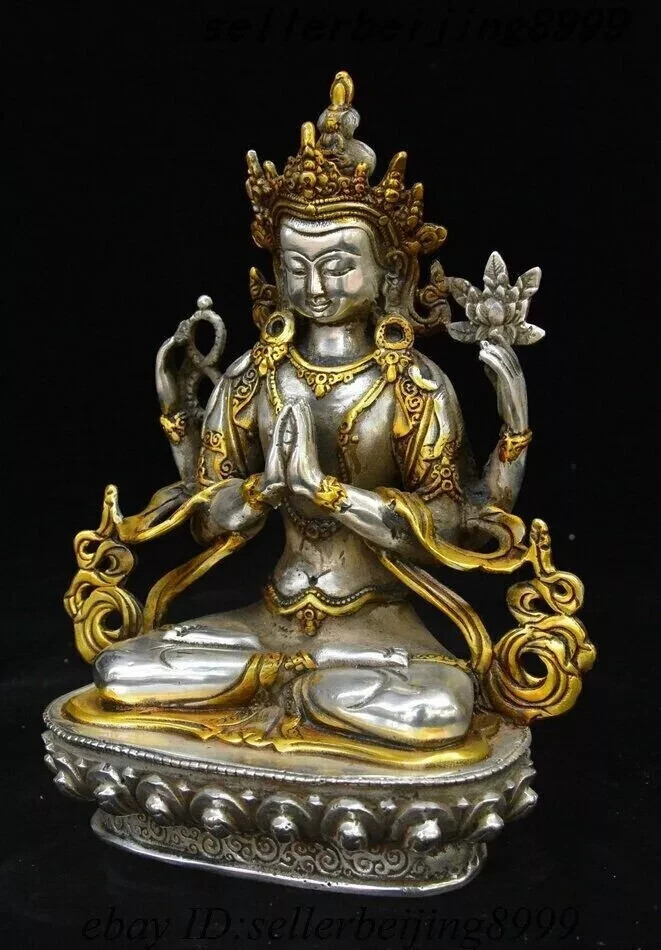 8″ Tibet Silver Gilt 4 Arms Chenrezig Goddess Buddhas Avalokiteshvara God Statue