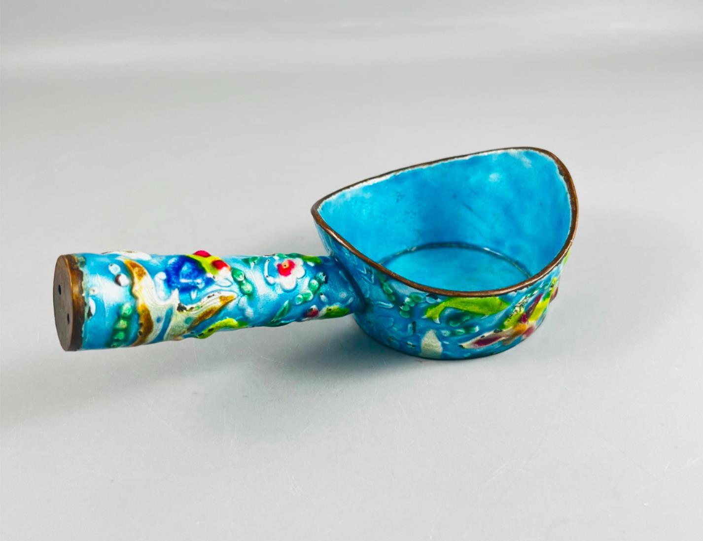 Vintage Chinese Enamel Cloisonne Painted Scoop Pan Silk Iron